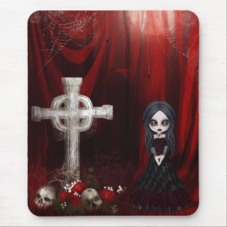 Mousepad with Goth Girl, Cross, Skulls & Roses mousepad