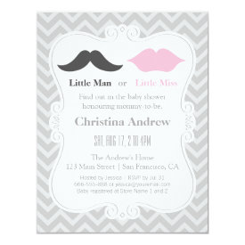 Moustache and Lips Grey Gender Reveal Baby Shower 4.25x5.5 Paper Invitation Card