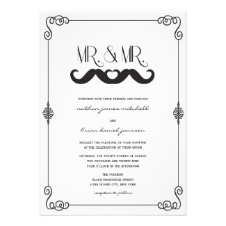 Moustache Love Classic Vintage Scrolls Gay Wedding Custom Invitations