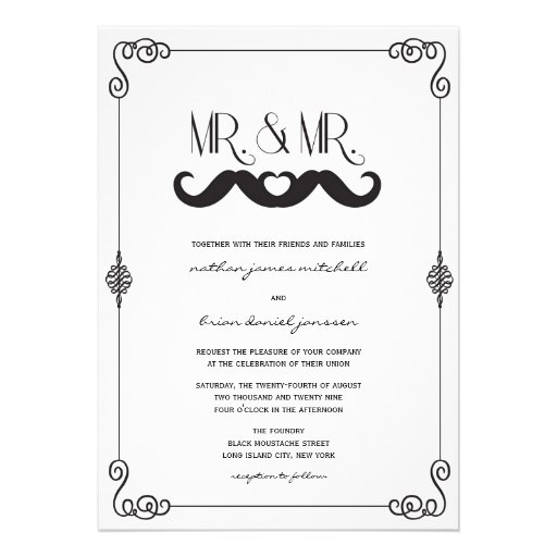 Moustache Love Classic Vintage Scrolls Gay Wedding Custom Invitations