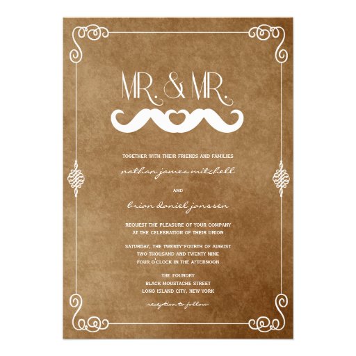 Moustache Love Vintage Old Paper Retro Gay Wedding Custom Invites