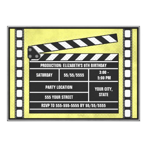 Movie Birthday Party Clapboard Yellow Invites