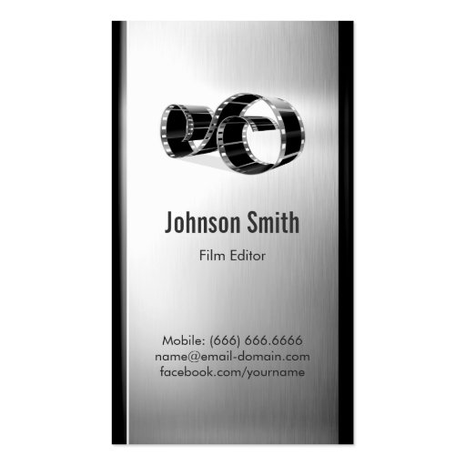 Movie Film Editor - Brushed Stainless Steel Metal Business Card Templates (front side)