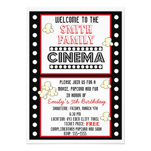 Movie Night Film Strip Popcorn Birthday Invitation