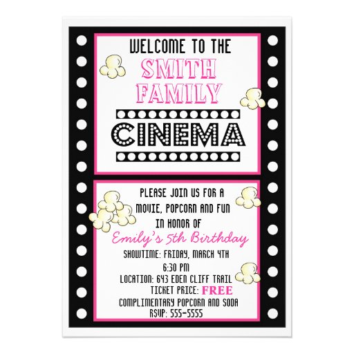 Movie Night Film Strip Popcorn Birthday Invitation (front side)