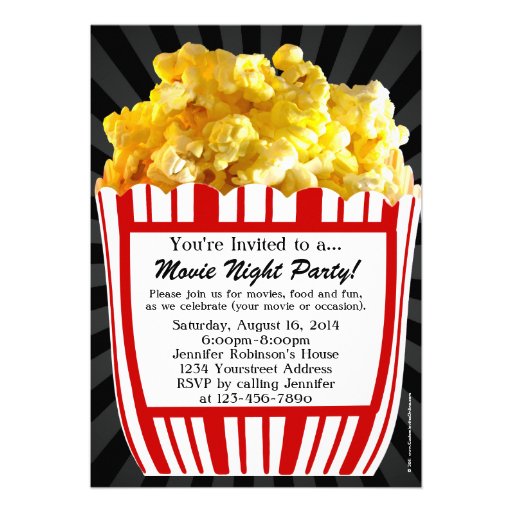 Movie Night Popcorn Custom Party Invitations (front side)