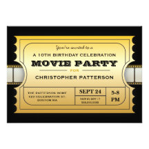 Movie Party Birthday Party Admission Gold Ticket Personalized Invitation