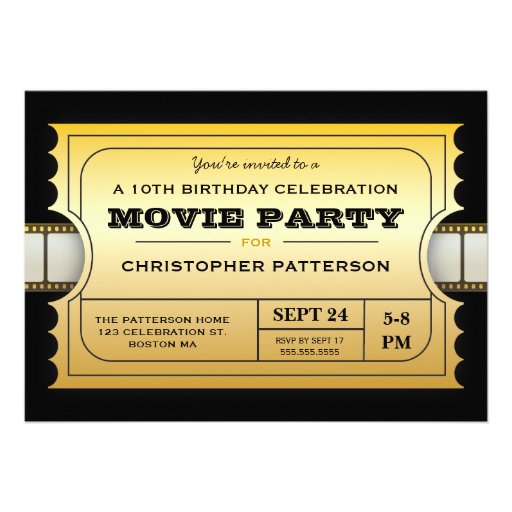 Movie Party Birthday Party Admission Gold Ticket Personalized Invitation