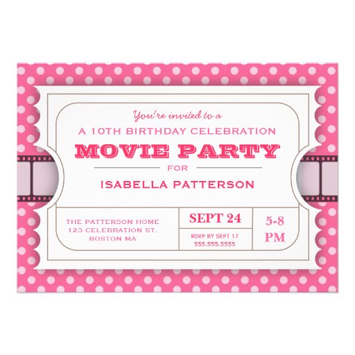 Movie Party Birthday Party Admission Ticket | Pink Custom Invites