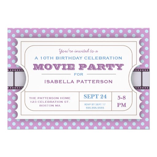 Movie Party Birthday Party Admission Ticket Purple Personalized Announcements