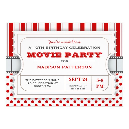 Movie Party Birthday Party Admission Ticket | Red Custom Invite
