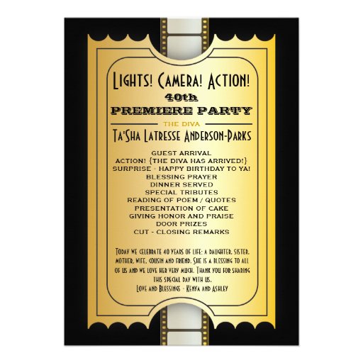 Movie Party Program Golden Admission Ticket Personalized Invitations