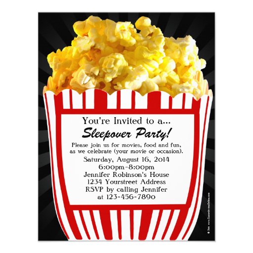 Movie Popcorn Sleepover Custom Party Invitations (front side)