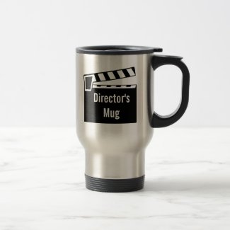 travel mugs for would-be movie directors with a black and white slate clapperboard that you'd find used on a movie or TV set, used to indicate the start of a 'take'; 