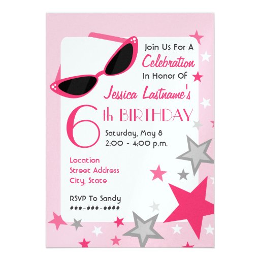 Movie Star Pink Sunglasses & Stars Girl's Birthday Custom Invite