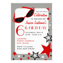 Movie Star Red Sunglasses & Stars Girl's Birthday Custom Invitations