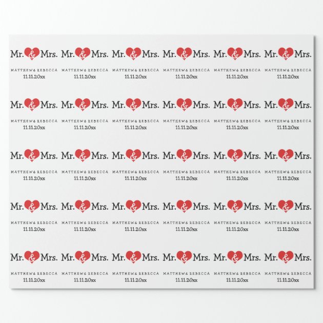 Mr and Mrs Red Heart Wedding Wrapping Paper 3/4