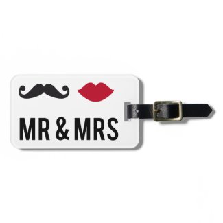 mr. and mrs. with mustache and red lips luggage tags
