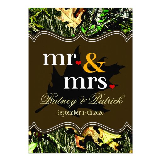 Mr & Mrs Hunting Camo Brown Wedding Invitations (front side)