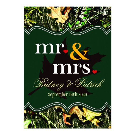 Mr & Mrs Hunting Camo Green Wedding Invitations (front side)