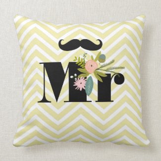 Mr Mustache Pale Yellow White Teal Zig Zag Throw Pillow