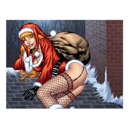 Ms Claus On The Rooftop Delivering Santas Presents Postcard