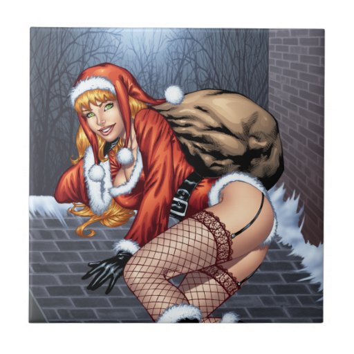 Ms Claus On The Rooftop Delivering Santas Presents Ceramic Tiles