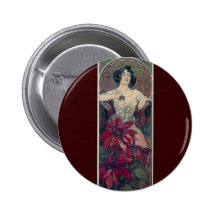 mucha art deco red flowers woman lady female button