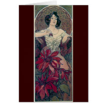 mucha art deco red flowers woman lady female greeting cards