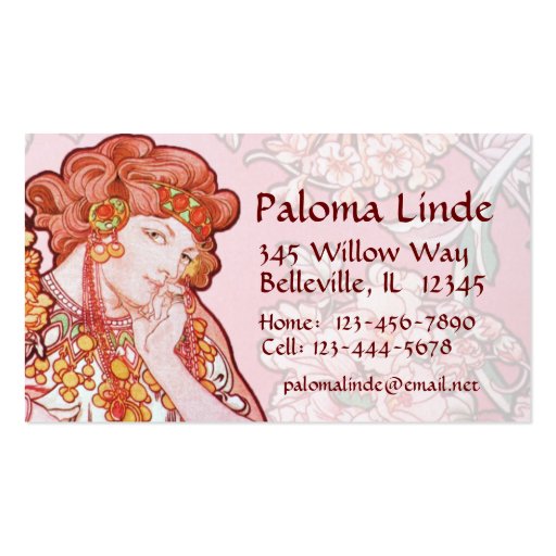 Mucha Art Nouveau Woman & Flowers Business Cards (front side)