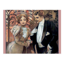 Mucha flirt woman man romantic love postcard