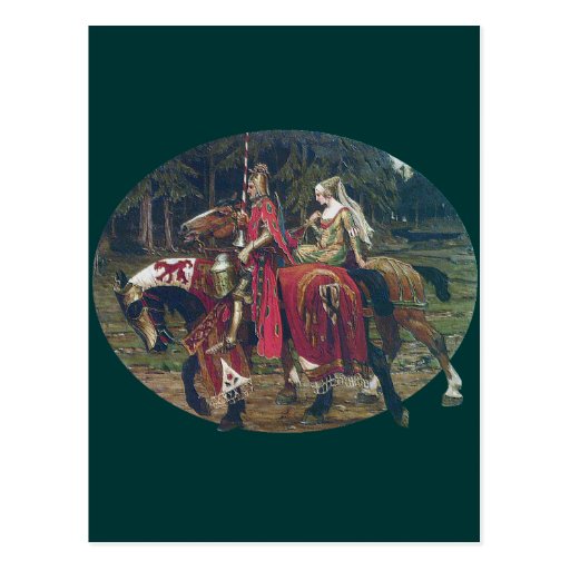 Mucha knight lady painting horses forest romantic postcards