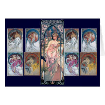 Mucha woman pink romantic dress art deco lady cards