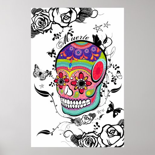 Muerte Artistic Sugar Skull, Roses & Flourishes Poster
