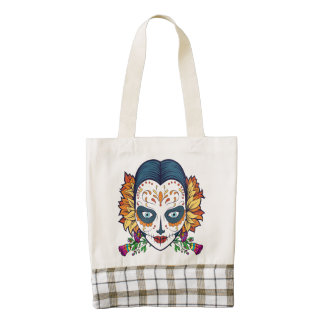 Mujer del cráneo del azúcar con las flores bolsa tote zazzle HEART