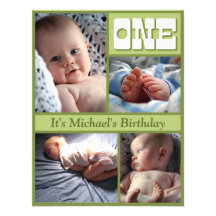 Multi Frame Green One Birthday Invitation