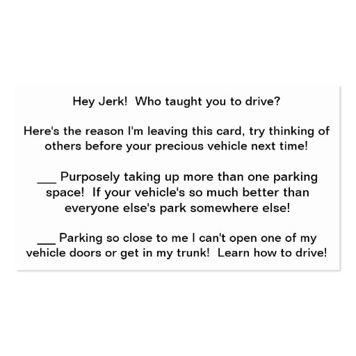 Multi-Rant Complaint Card to leave bad drivers! Business Card (front side)