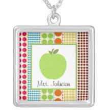 Multicolored Dots Green Apple Personalized Teacher Custom Necklace