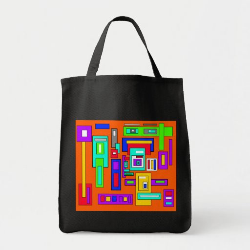 Multicolored squares and rectangles on orange bags