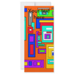 Multicolored squares and rectangles on orange rack card design