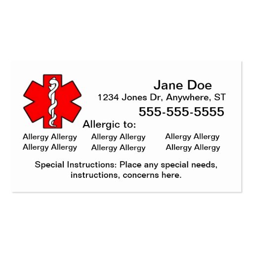 Multiple Allergy Cards - Emergency Business Card Templates (front side)