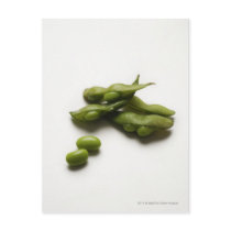 multiple green edamame beans with pea pod broken post card