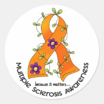 Multiple Sclerosis FLOWER RIBBON 1 Round Stickers
