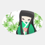 Muñeca japonesa del geisha - serie verde pegatinas de óval