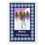 Muñeco de nieve con el árbol de navidad - azul tarjetas