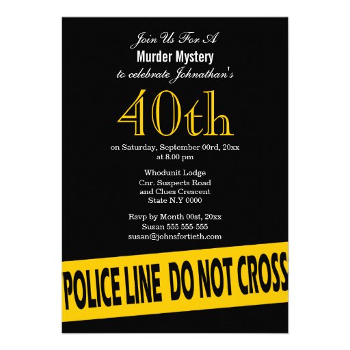 Murder mystery suspect dinner birthday invitations