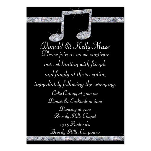 Music Lovers Diamond Shimmer On Black Wedding Business Card Template (back side)