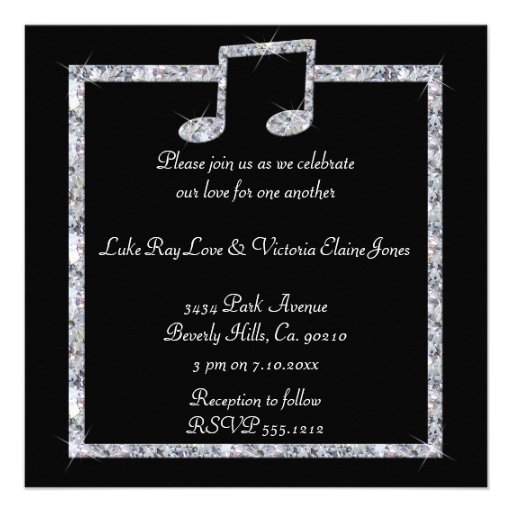 Music Lovers Diamond Shimmer On Black Wedding Invitation