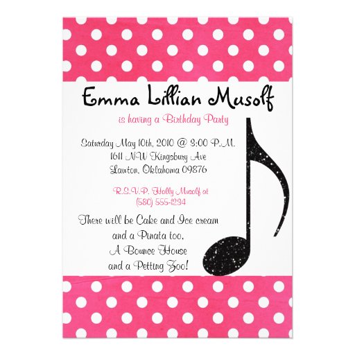 Music Note  birthday party invite cool pink dots