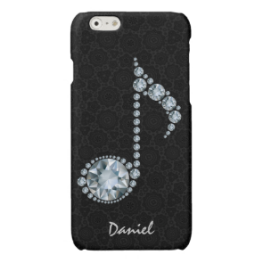 Music Note White Diamonds Over Black Glossy iPhone 6 Case